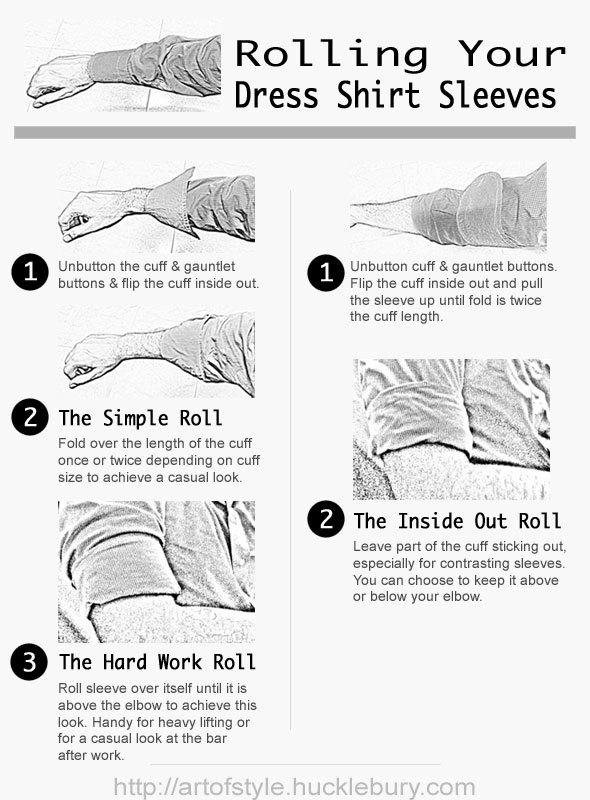 Rolling your dress shirt sleeves infographic by Hucklebury