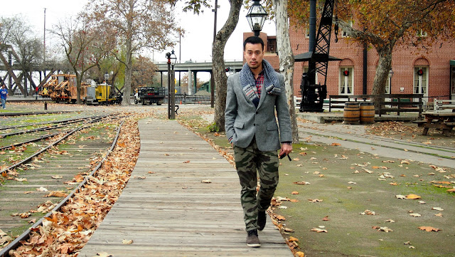 Layering Patterns - Camo Pants with Plaid Shirt and Scarf