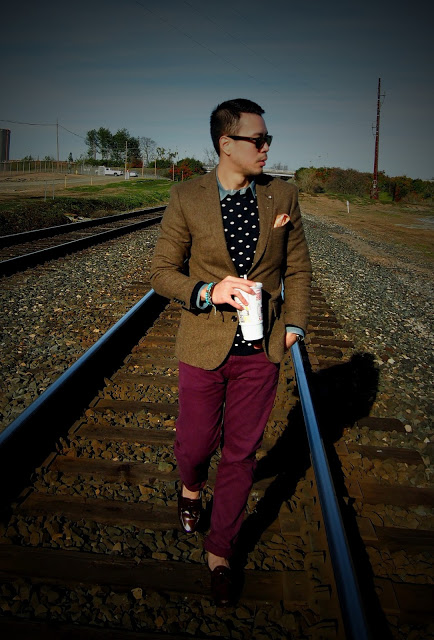 Layering Patterns - Polka-dot Sweater with Eggplant Chinos and Brown Tweed Jacket