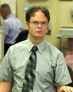Dwight Schrute of The Office with creepy geek in short sleeve shirt and tie look