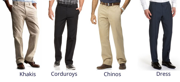 Khakis, Corduroys, Chinos and Dress Pants are appropriate for Business Casual
